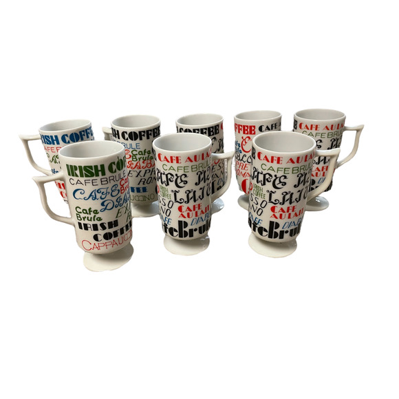 Vintage Japan Coffee Pot 8 Mugs Irish Diablo Cappauccino Brule Print Set